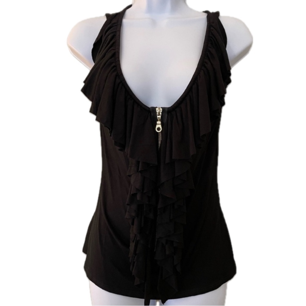 Kay Celine Sleeveless Black Top with Zipper and Ruffles. Size S